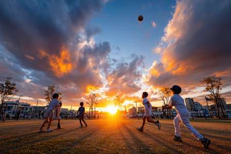 Groups of children joyfully play soccer in a park as the sun sets, casting a warm glow and vibrant skies.の写真素材