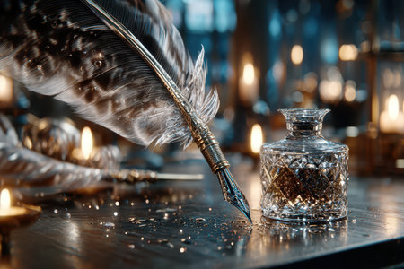 A beautifully crafted quill pen poised above a sparkling ink bottle, illuminated by soft candlelight.の写真素材