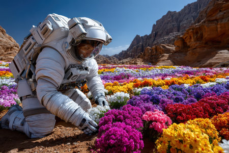 An astronaut kneels among blooming flowers in a stunning extraterrestrial landscape under a blue sky.の写真素材