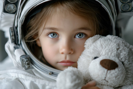 A young child dressed in an astronaut costume holds a teddy bear, looking intently with captivating blue eyes.の写真素材