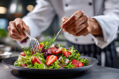 A skilled chef expertly garnishes a vibrant salad with strawberries and herbs in a sleek kitchen setting.の写真素材