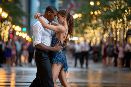A couple performs a beautiful dance amidst a bustling city street, surrounded by sparkling lights and onlookers.の写真素材