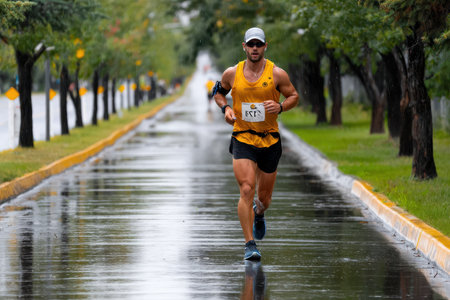 A competitor sprints on a slick, wet road surrounded by trees while participating in a local running event.の写真素材