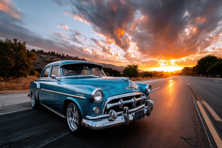 A vintage car parked on a deserted road, shot at sunset, evoking a sense of freedom and adventureの写真素材