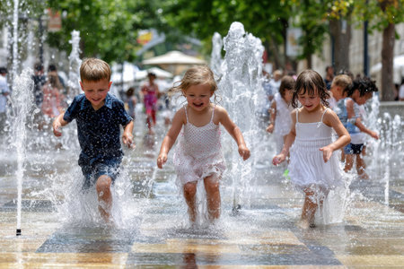 Three children run through splashing water in a fountain, enjoying the warm summer day at the park.の写真素材