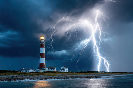 A lighthouse stands on a rocky coast during a dramatic lightning stormの写真素材