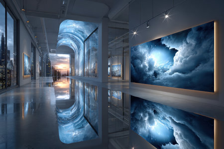 A modern art gallery displays large cloud paintings at sunsetの写真素材