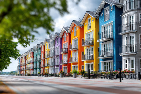 A row of colorful houses lines a paved streetの写真素材