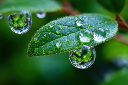 Closeup of water droplets on a vibrant green leafの写真素材