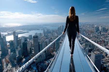 A woman confidently strides on a narrow rooftop path with a stunning city skyline and water in the background.の写真素材