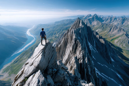 A hiker stands on a mountain peak overlooking a vast alpine valleyの写真素材