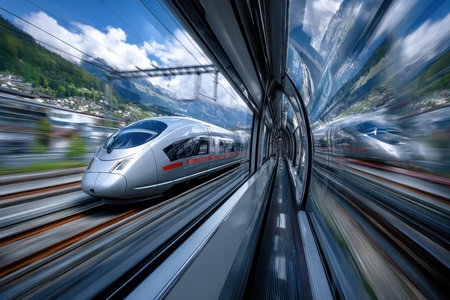 A high-speed train races through a scenic mountainous landscapeの写真素材
