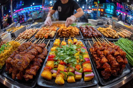 Various grilled skewers on display at a bustling night market food stallの写真素材