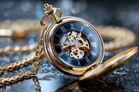 A gold pocket watch with a chain lies open on a wet surfaceの写真素材