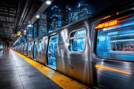 A subway train waits at a station platform at night with a city backdropの写真素材