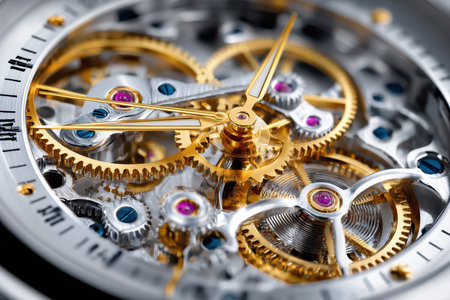 Closeup of the intricate mechanism of a watch, showing gears and other componentsの写真素材