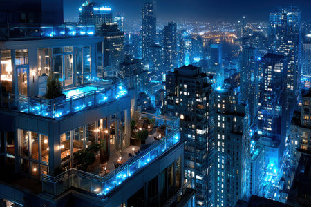 A rooftop terrace on a highrise building offers stunning views of the city at nightの写真素材