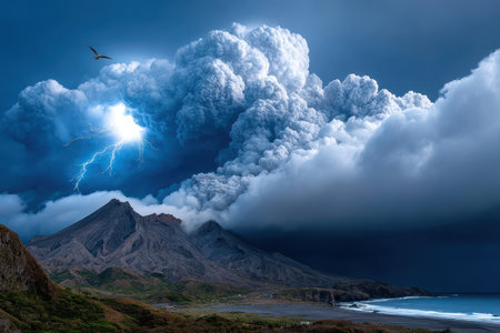 A dramatic volcanic eruption under a stormy sky, shot in a high contrast style using a telephoto lens, with a lone bird soaring pastの写真素材