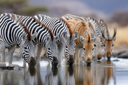A group of zebras drink at a waterhole, their reflections shimmering in the waterの写真素材