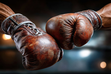 A pair of worn-out boxing gloves, shot in a gym setting with a gritty mood, using a 50mm lens and harsh, artificial light, with a boxer's hand reaching for themの写真素材