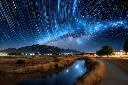 Star trails illuminate the night sky over a desert landscape with mountains and a streamの写真素材