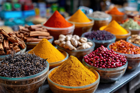 Various colorful spices are neatly arranged in glass bowls at a market stallの写真素材