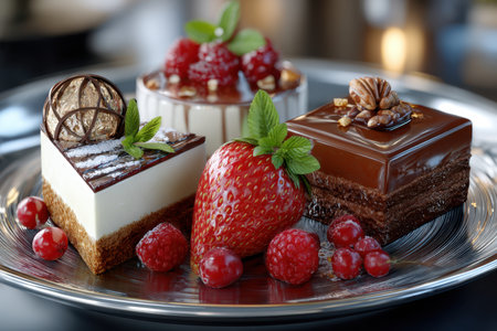 Three small cakes with fresh berries and mint on a silver platterの写真素材