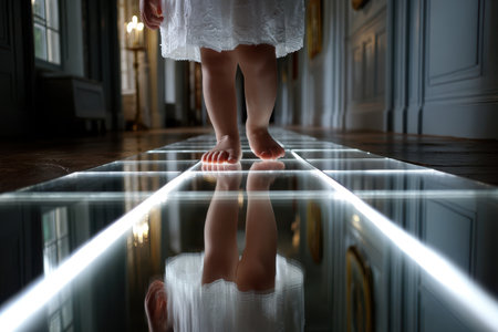 A young child walks barefoot on a glowing floor, creating enchanting reflections in a historic building.の写真素材