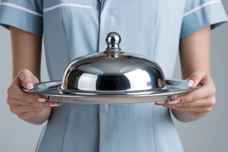 A waitress stands holding a silver platter with a covered dish, ready to serve customers at lunch time.の写真素材