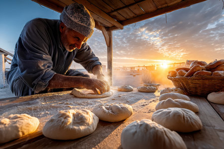 A skilled baker shapes fresh dough under a wooden shelter as the sun rises, illuminating the scene.の写真素材