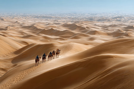 A caravan of camels travels across expansive sand dunes under a clear sky, showing the beauty of the desert.の写真素材