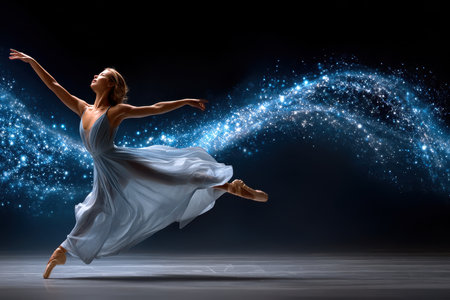 A dancer in a flowing dress leaps gracefully across a stage filled with sparkling blue light, showcasing her skills.の写真素材