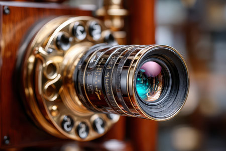 Close-up of a vintage camera lens with brass details, highlighting its artistic features and precision engineering.の写真素材