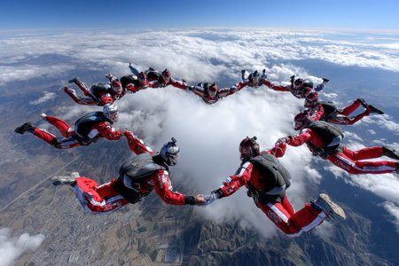 Ten skydivers form a heart shape while descending through the sky above fluffy clouds on a clear day.の写真素材