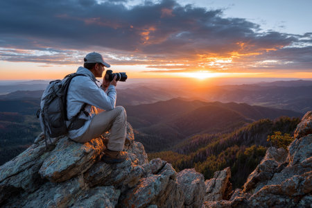 A photographer captures a stunning mountain sunsetの写真素材