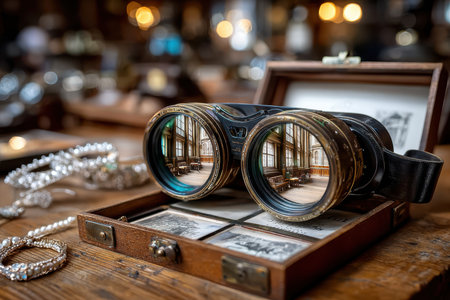 Antique binoculars sit on a wooden table, showcasing exquisite jewelry and capturing an elegant interior setting.の写真素材
