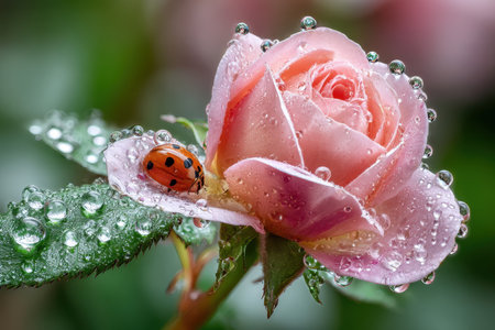 A delicate pink rose covered in dew drops features a small ladybug resting on a petal in a lush green garden.の写真素材