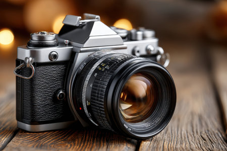 A vintage camera rests on a wooden surface, surrounded by soft bokeh lights in the evening.の写真素材