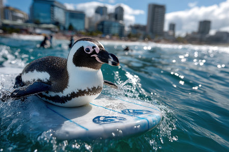 A penguin rides a surfboard through ocean waves near a bustling city beach under a clear sky.の写真素材