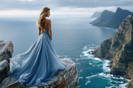 Woman in a flowing blue gown stands on rocky cliffs, gazing at the ocean below as the sun sets.の写真素材