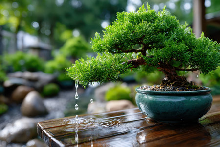 A small bonsai tree in a pot sits on a wet wooden table, water dripping from its leavesの写真素材