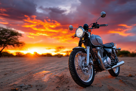 A shot of a vintage motorcycle parked in a desert at sunset, captured with a 50mm lens to evoke a sense of freedom and adventureの写真素材