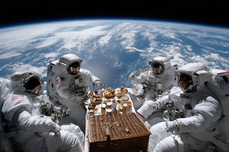 Four astronauts gather around a table set with food while floating in space, with Earth visible beneath them.の写真素材