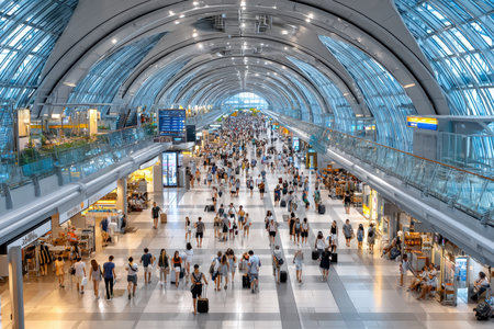 Travelers with luggage walk through a busy airport terminalの写真素材