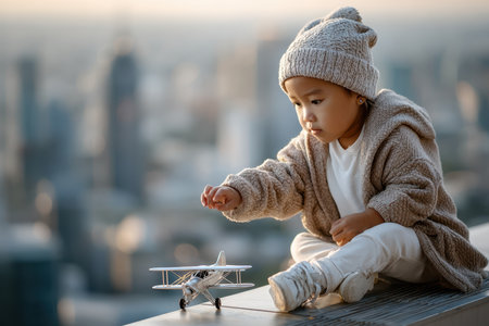 A young child interacts with a toy airplane on a rooftop, enjoying the beautiful city skyline at sunset.の写真素材