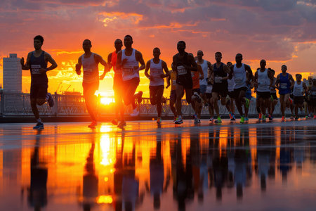 Runners in a marathon silhouetted against a vibrant sunsetの写真素材