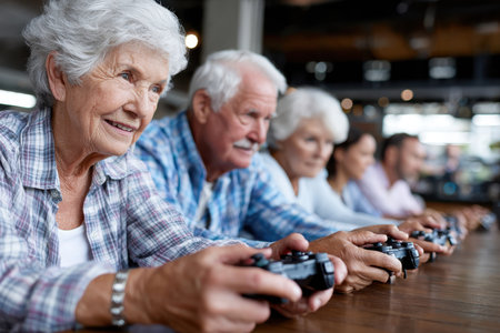 A group of seniors enjoy playing video games together, showing smiles and concentration in a lively atmosphere.の写真素材
