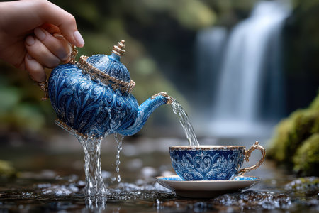 A hand pours warm tea from a beautifully designed blue teapot into a luxurious cup next to a tranquil waterfall.の写真素材