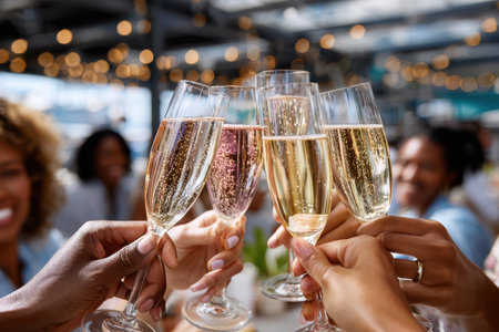 Cheers ring out as friends raise their glasses of sparkling drinks, enjoying a joyful gathering outdoors.の写真素材