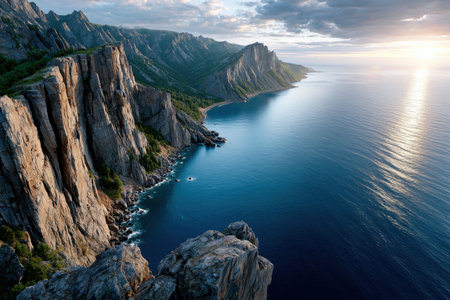 Rocky cliffs meet a tranquil ocean under a colorful sunset skyの写真素材